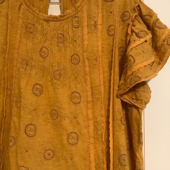 anthropology MUSTARD YELLOW FLATTER SLEEVE EYELET EMBROIDERED COTTON - Picture 12 of 15
